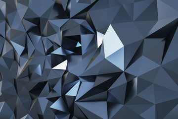 Perspective view on abstract dark grey and silver triangles wall in form of crystal background. 3D rendering