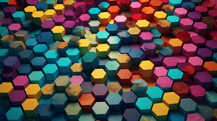 randomly placed hexagons of various sizes and colors placed on a randomly colored background