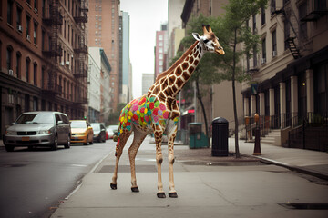 Hippie giraffe walking in NY