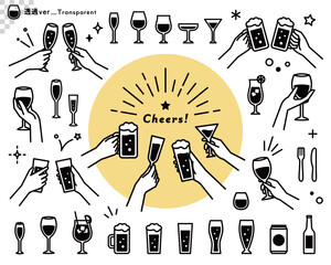 シンプルな乾杯・飲み会のイラストセット　お酒　アイコン　手　ビール　ワイン　グラス　アルコール - obrazy, fototapety, plakaty