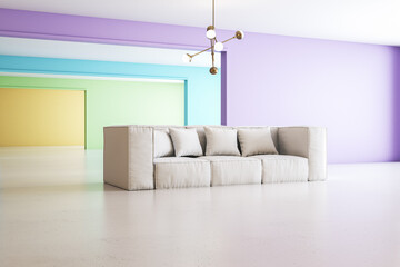 Creative colorful gradient rainbow living room interior with furniture. Design and creativity concept. 3D Rendering.