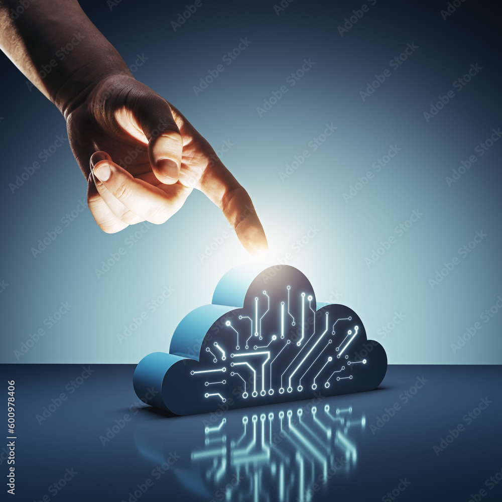 Aufkleber Man's hand presses on a 3d digital cloud icon. Cloud technology computing and data storage concept. On a dark blue background