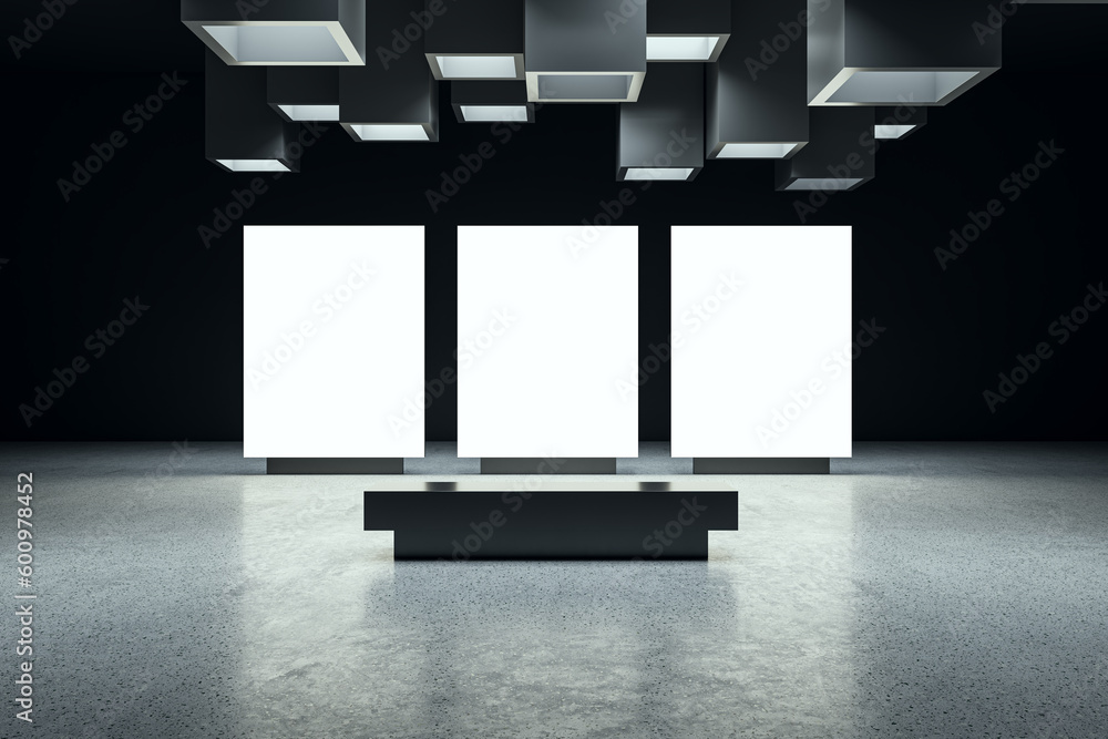 Aufkleber Front view on three white blank digital screens with space for advertising or campaign in abstract dark exhibition hall interior with concrete floor on background. 3D rendering, mockup