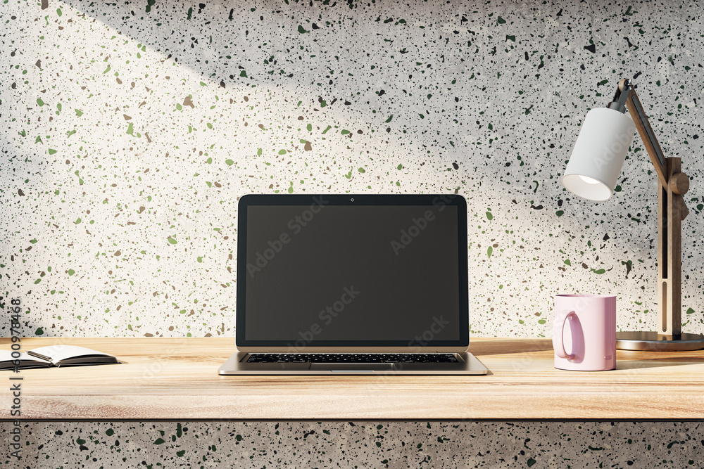 Poster Front view on blank dark modern laptop monitor with place for web design, website or landing page on wooden work table with pink coffee mug and sunlit concrete wall background. 3D rendering, mock up
