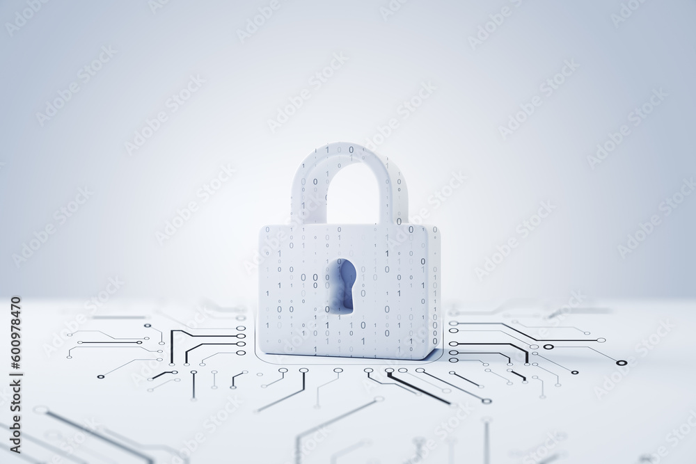 Fototapete Future technology, security and cyber protection concept with front view on closed padlock binary code printed on light surface with microcircuit on abstract white background. 3D rendering