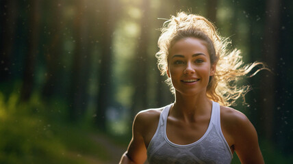 Attraktive junge Frau joggt im Wald, Generative KI