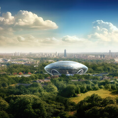 Cityscape in futuristic sustainable city with green spaces, Generative AI illustration