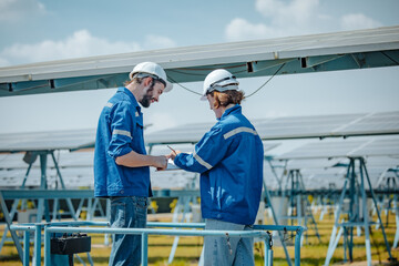 Solar engineers visually examine panel arrays on farm sites using blueprints and drawings to ensure...