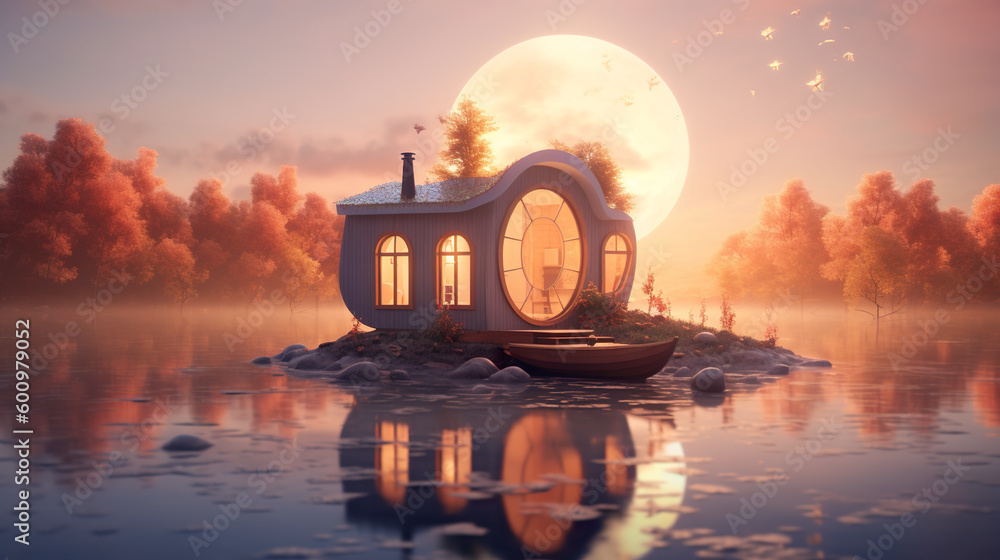 Poster a small tiny house on a small island in the middle of a lake. generative ai.