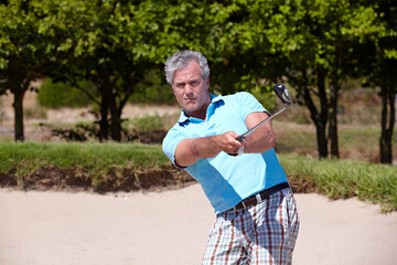 Sports, golf course and elderly man with driver swing outdoors for fitness, training and practice....