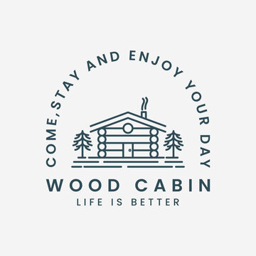 wood cabin line art vector logo template illustration design, house with pine tree icon logo design