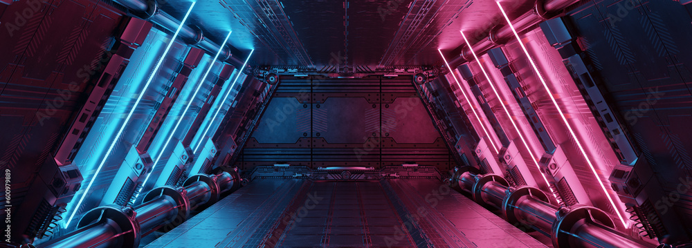 Aufkleber blue and pink spaceship interior with neon lights on panel walls. futuristic corridor in space stati