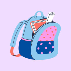 Backpack full stationery and study supplies. Colorful schoolbag for kids.Hand drawn vector illustration isolated on purple background. Modern flat cartoon style
