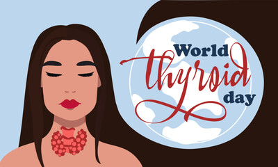 Banner for the World Thyroid Day, which is celebrated on May 25. The thyroid gland and trachea are depicted on a female silhouette. It can be used for posters, banners, medical drawings, backgrounds