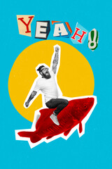 Vertical creative collage image of excited funny funky male riding big golden fish have fun scream yeah fisher healthy nutrition - obrazy, fototapety, plakaty