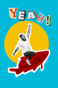 Vertical creative collage image of excited funny funky male riding big golden fish have fun scream yeah fisher healthy nutrition
