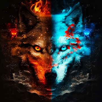 Two wolfs facing each other with fire and water in their eyes and on their backs. Generative AI.