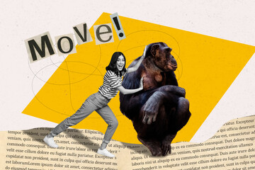 3d retro abstract creative artwork template collage of young female pushing try move animal monkey pet primate wild zoo text read page