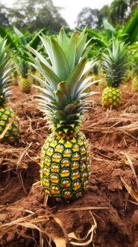 Close up of pineapple in field of pineapples. Generative AI.