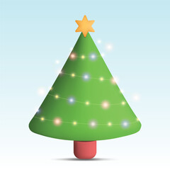 Christmas tree with star and colored lights. Clay style cartoon. 3D vector illustration isolated on blue background.