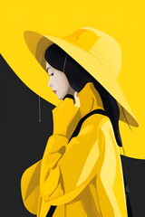 Image of woman in yellow raincoat and yellow hat. Generative AI.