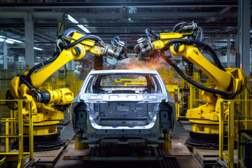 Car being assembled in factory with robotic arms working on the car. Generative AI.