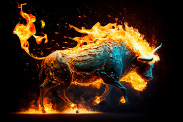 Bull with lot of fire coming out of it's back. Generative AI.