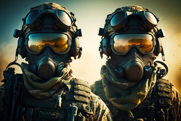 Couple of soldiers wearing gas masks and goggles with sunset in the background. Generative AI.