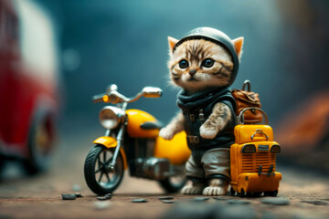 Small kitten sitting on top of yellow motorbike with helmet on. Generative AI.