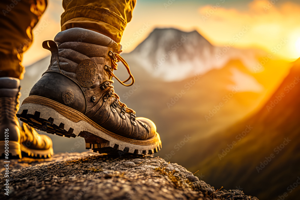 Poster person standing on top of mountain with pair of hiking boots. generative ai.