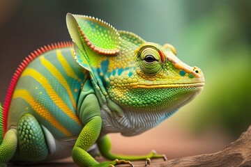 Obraz premium Green colored chameleon close up. Generative AI.