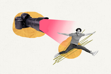 Poster banner collage of funky young guy dancing jumping pop star while journalist reporters...