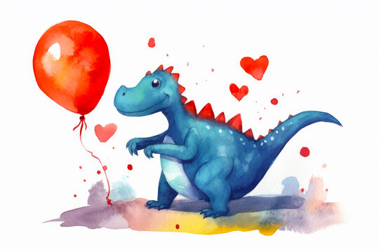 Watercolor painting of dinosaur holding red balloon with hearts on it. Generative AI.