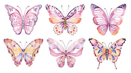 Naklejka na ściany i meble Watercolor colorful butterflies, isolated on white background. Pink and yellow butterfly spring illustration.