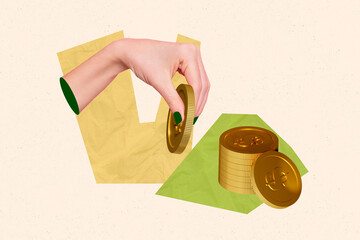 Magazine creative template collage of human hand hold golden gold coin make savings financial...