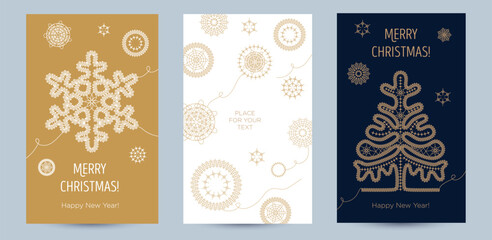 Concept set of greeting card with snowflakes and festive decor. Golden lacy snowflakes and Christmas tree on a different background. New Year's design template. Vector flat. Vertical format - 600981601