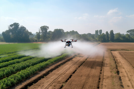 Generative Ai illustration of a Agricultural flying drone spraying an agricultural field