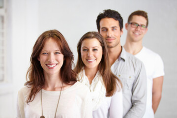 Portrait, group and business people in a row with leadership in office workplace together. Smile, friends and employees standing in line or queue with teamwork, collaboration or solidarity in company