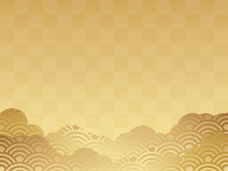 青海波模様の雲と市松模様の背景　横位置　ゴールド - obrazy, fototapety, plakaty