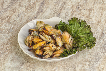 Tasty marinated mussels in the bowl
