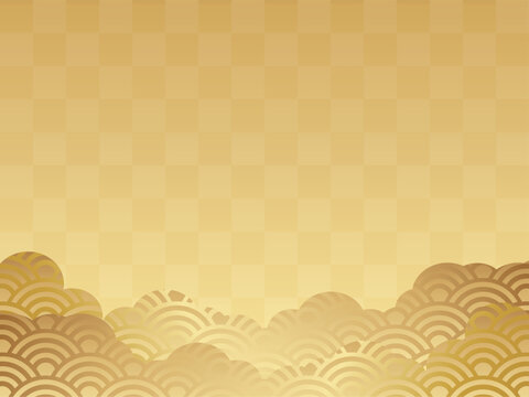 青海波模様の雲と市松模様の背景　横位置　ゴールド