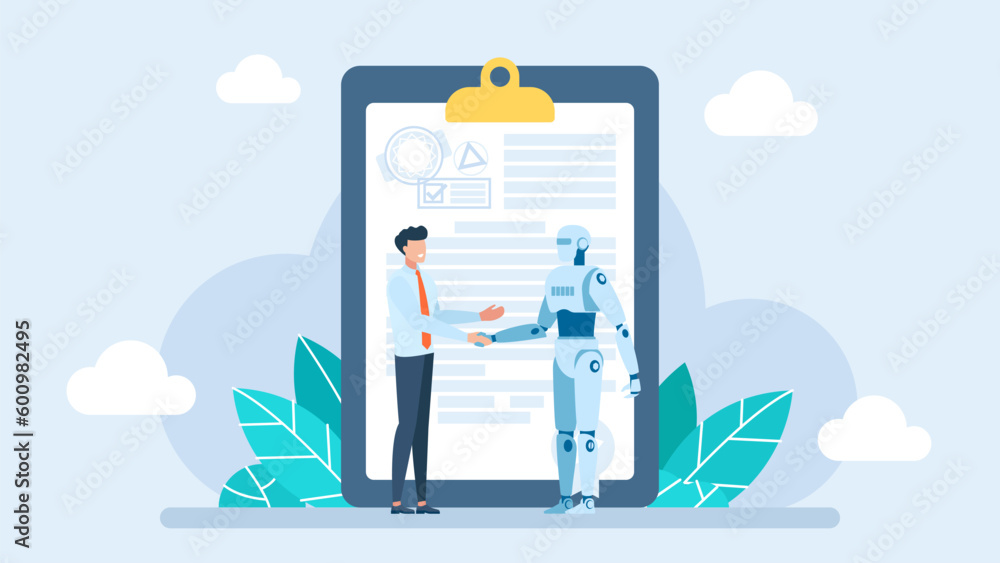 Poster handshake between man and robot on background of document. man shaking hands with robot. cyber human