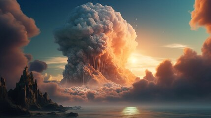 Huge explosion, spherical dust cloud, disaster landscape. - obrazy, fototapety, plakaty