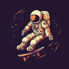 Astronaut skater character in spacesuit playing skateboard Vintage logo badge vector illustration for t shirt and poster design © stylusstudio