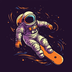 Astronaut skater character in spacesuit playing skateboard Vintage logo badge vector illustration for t shirt and poster design © stylusstudio