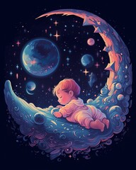 Obraz na płótnie Canvas A baby asleep in a crescent moon. Generative AI