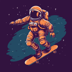 Astronaut skater character in spacesuit playing skateboard Vintage logo badge vector illustration for t shirt and poster design
