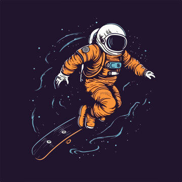 Astronaut skater character in spacesuit playing skateboard Vintage logo badge vector illustration for t shirt and poster design