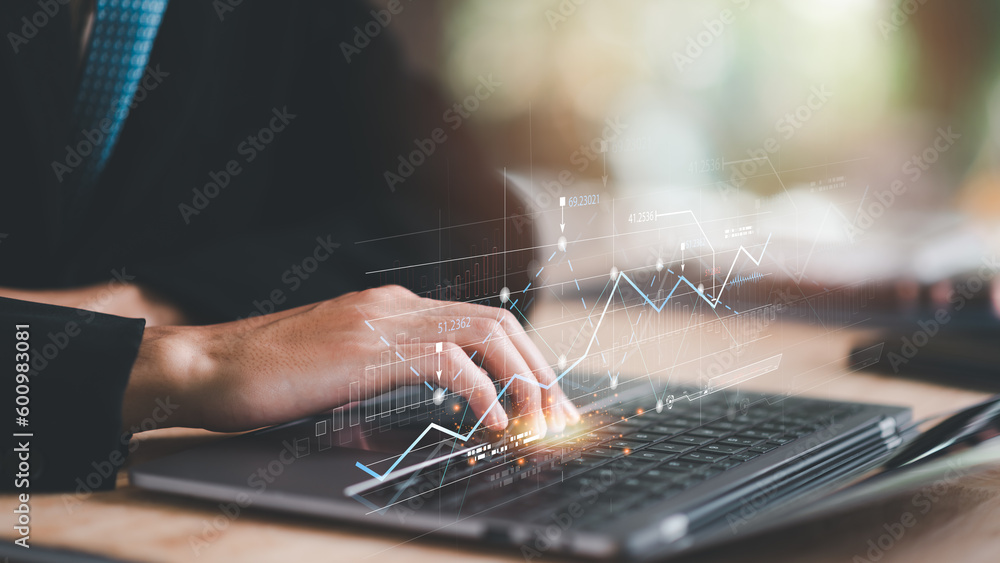 Poster businessman reading graph report and business statistics charts ,analysis and improvement of corpora