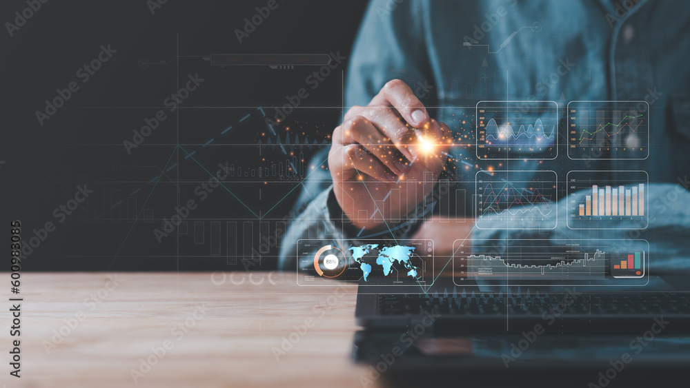 Poster Businessman reading graph report and business statistics charts ,Analysis and improvement of corporate strategy ,Statistics and Data Concepts ,business growth graph ,Business analytics connected